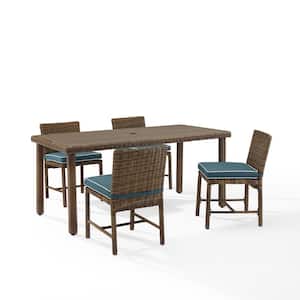 Bradenton Weathered Brown 5-Piece Wicker Rectangular Outdoor Dining Set with Navy Cushions