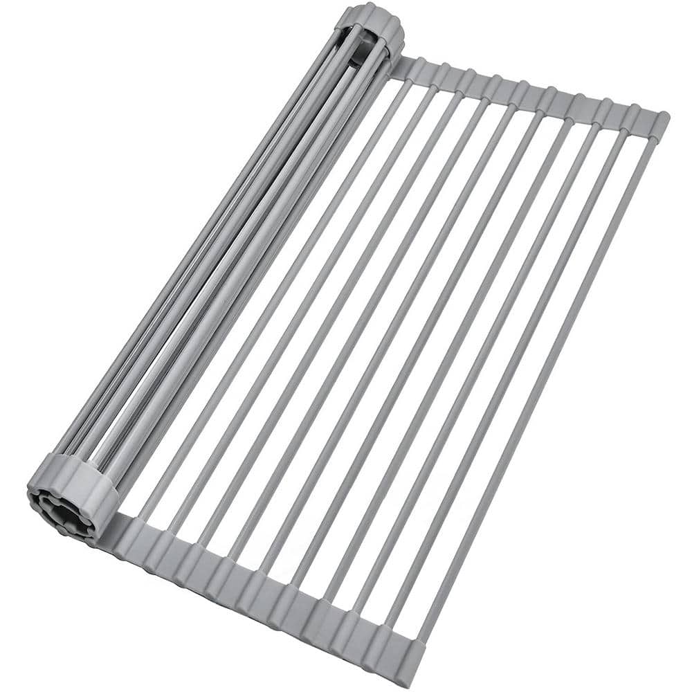 Kusmil Roll Up Dish Drying Rack Stainless Steel Over The Sink Drainer Kitchen Dish Rack (17.7''x 13.7''), Gray