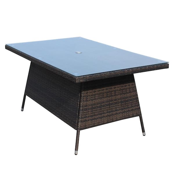 Unbranded Brown Rectangular Wicker Outdoor Dining Table with Umbrella Hole and Tempered Glass Top