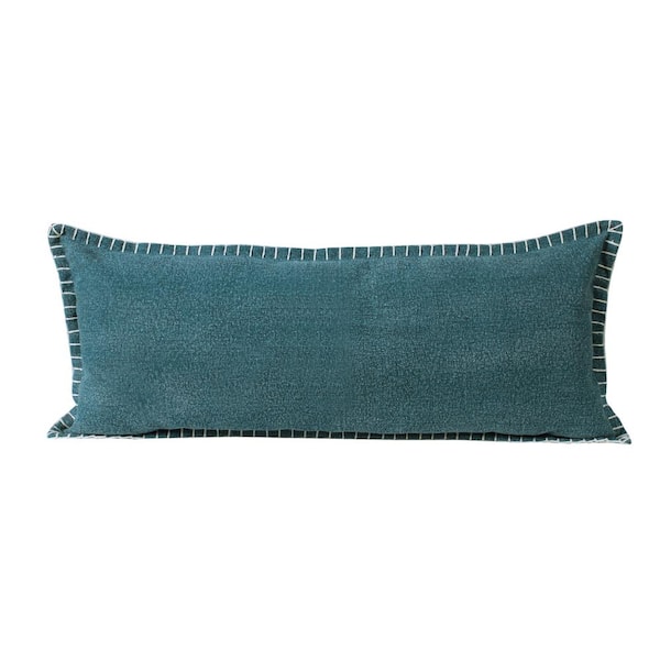 LR Home Embroidered Emerald Green Edge Bordered Solid Lumbar 36 in. x 14 in. Indoor Throw Pillow
