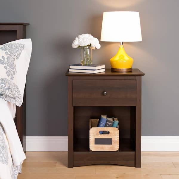 Prepac Sonoma Espresso 1-Drawer 23 in. W Nightstand Side Table w/ Open Shelf, Night Stand Bedside Table, Nightstand for Bedroom