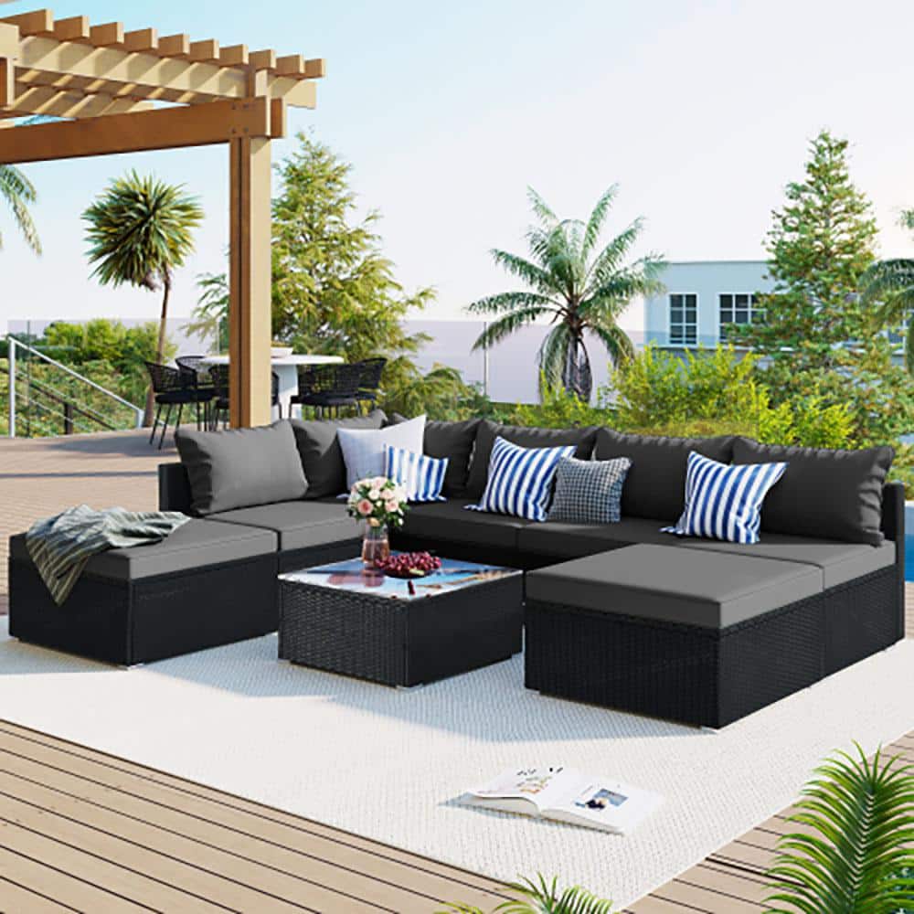 Natalie 8-Pieces Black Wicker Outdoor Sectional Set with Gray Polyester Fab