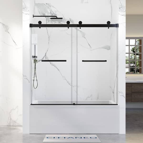 56 in. -60 in. W x 66 in. H Double Sliding Frameless Tub Door with 3/8 in. (10 mm) Tempered Clear Glass