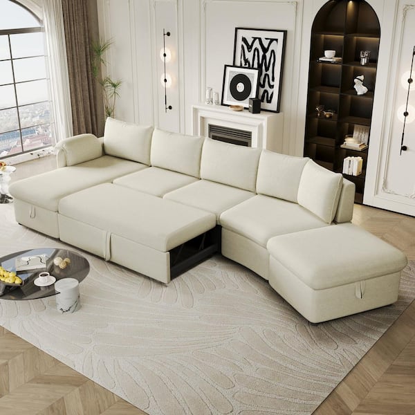 Harper & Bright Designs 147 in. L-shaped Linen Conversible Sectional Sofa in Beige with Storage, Ottoman, Pull-out Sofa Bed and 2 USB Ports
