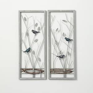 12.5" x 32" Sculpted Gray Metal Bird Art Panels (Set of 2)