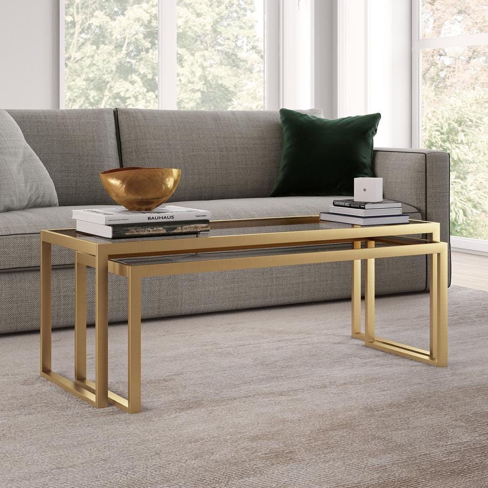 Rectangular Brass and Glass Nesting Coffee Table Set