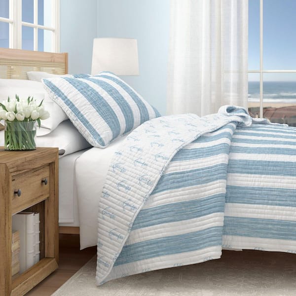 Blue Twin Striped Anchor Coastal 2-Piece Microfiber Quilt Set Bedspread