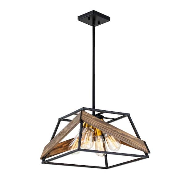Edvivi Elk 4-Light Black and Antique Gold Finish with Vintage Wood Modern Farmhouse Cage Pendant Light