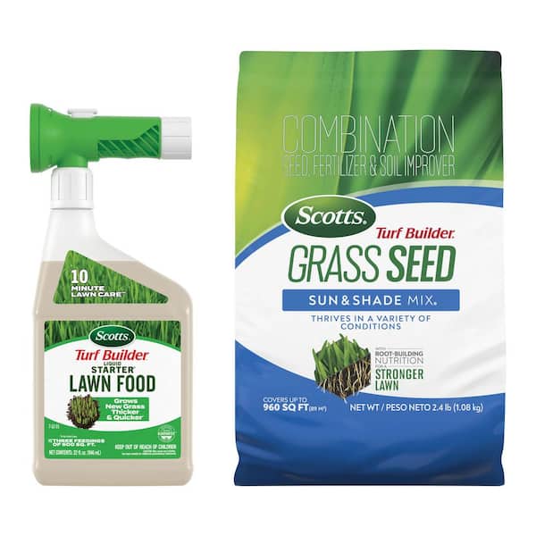 Turf Builder Liquid Starter Lawn Food 32 fl. oz., Liquid Lawn Fertilizer, and 2.4 lb. Turf Builder Sun and Shade Mix