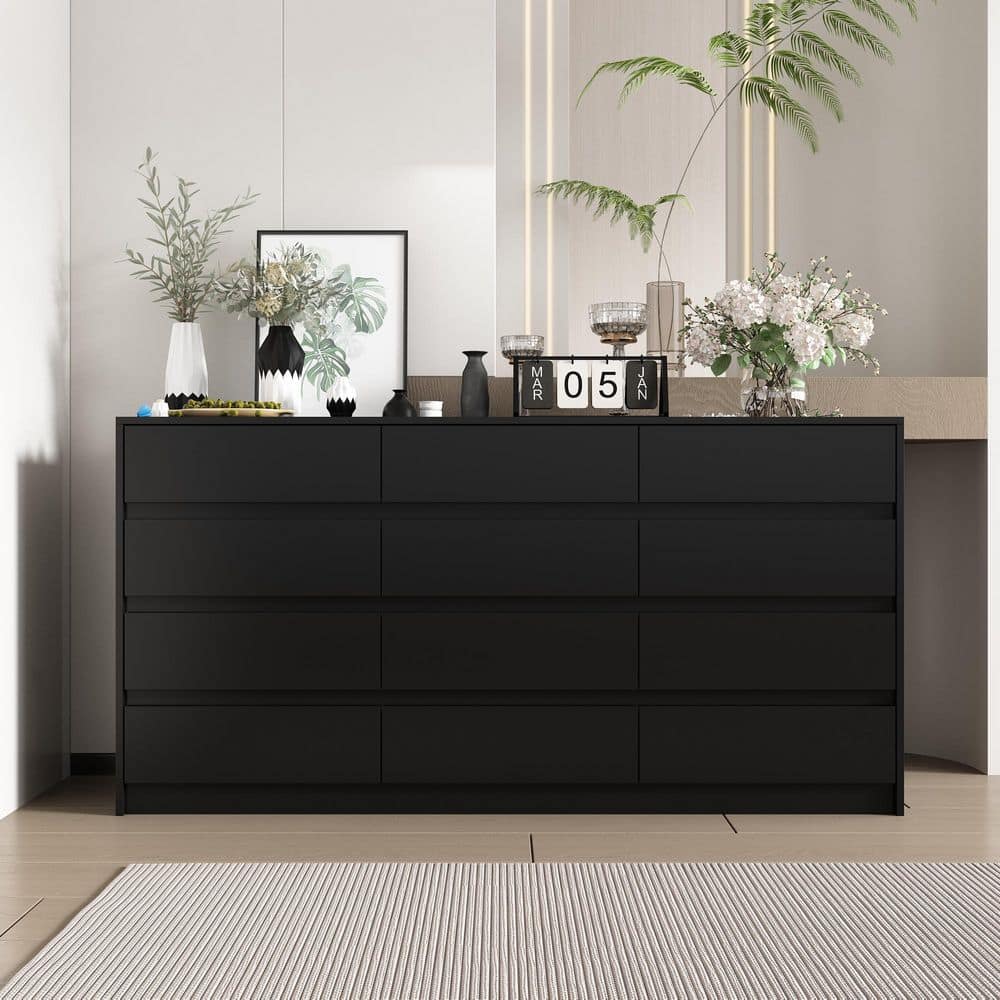 FUFU&GAGA Black 12 Drawers 63 in. W x 32 in. H Wooden Dresser