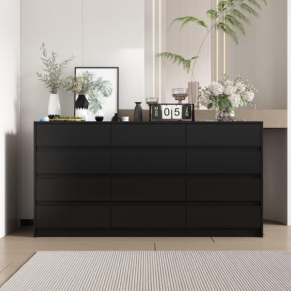 FUFU&GAGA Black 12 Drawers 63 in. W x 32 in. H Wooden Dresser without Mirror, Chest of Drawer, Storage Cabinet for Bedroom Storage