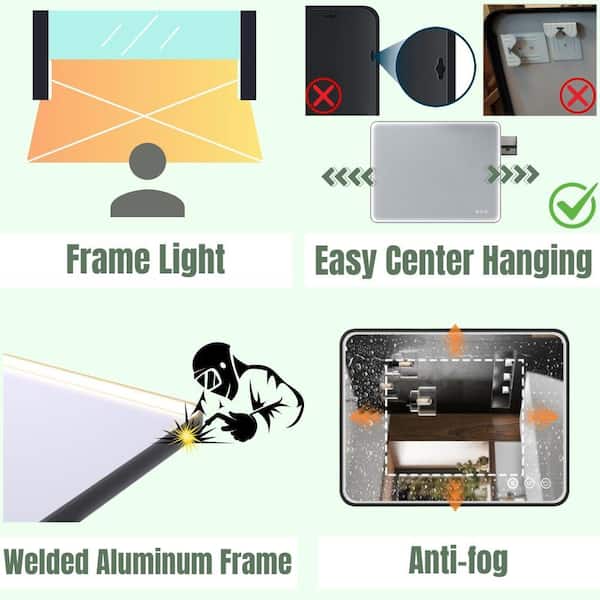 48 in. W x 36 in. H Rectangular LED Aluminum Framed Modern Black Rounded Wall Mirror with Front Light
