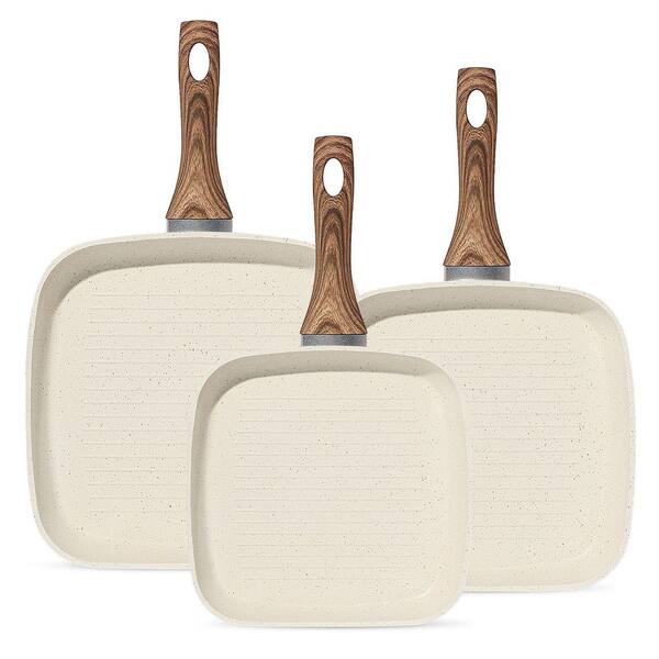 3-Piece Aluminum Nonstick Square Frying Pan Set - 9.5 in. 10 in. 11 in. Skillet with Stay-Cool Handle PFOA-Free in Beige