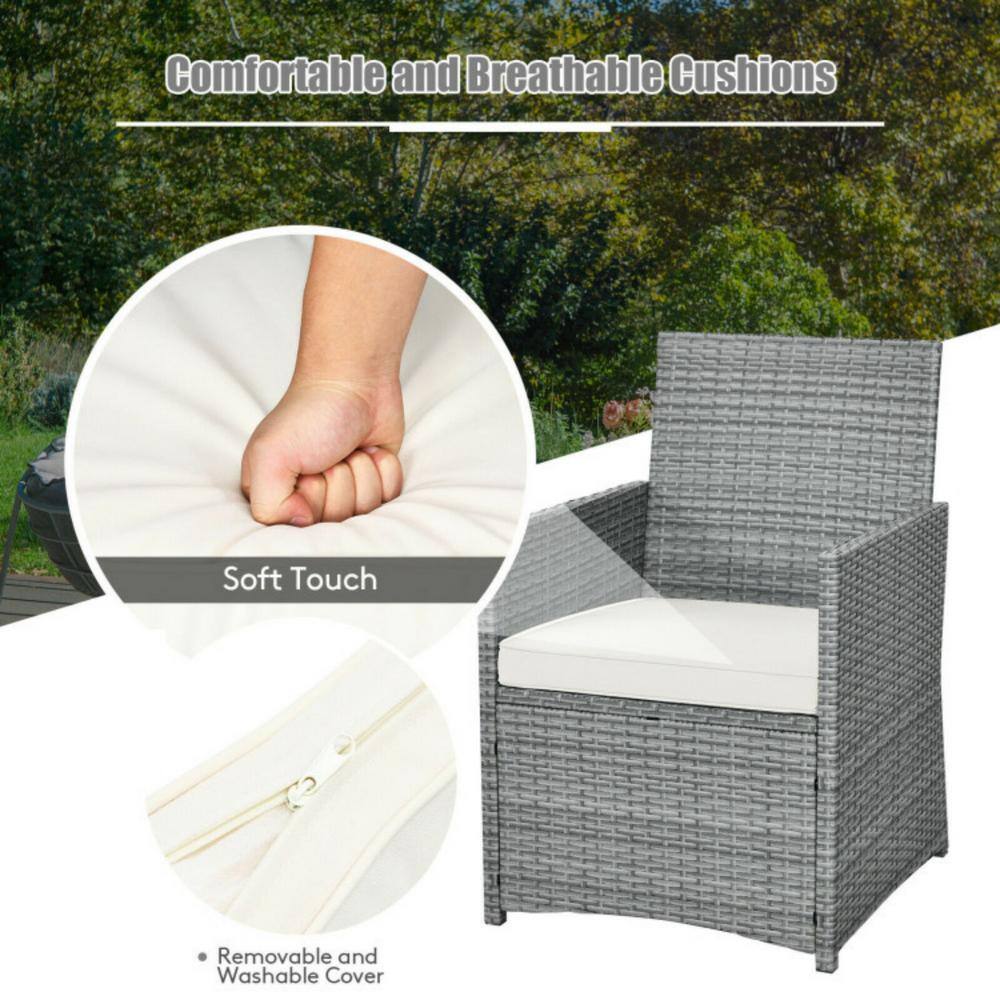Gray Wicker 3-Piece Patio Set with White Cushions