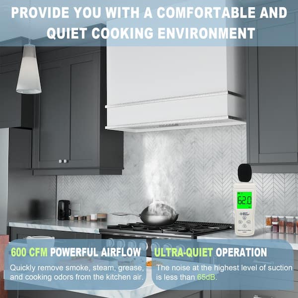 36 in. Stainless Steel Ducted Wall Mount Range Hood with Powerful 600 CFM Vent Motor, 3-Speed, in White with Nickel