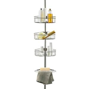 4 Tier Tension Pole Corner Shower Caddy with 3 Baskets and Soap Tray Shelf, 96 in. in Satin Nickel