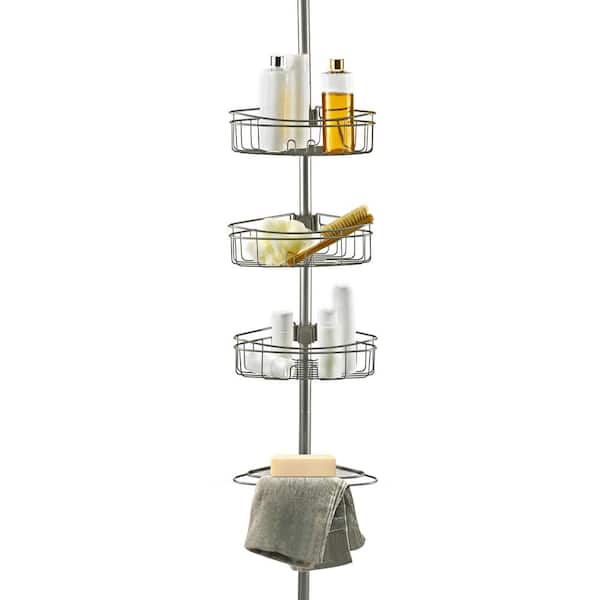 4 Tier Tension Pole Corner Shower Caddy with 3 Baskets and Soap Tray Shelf, 96 in. in Satin Nickel