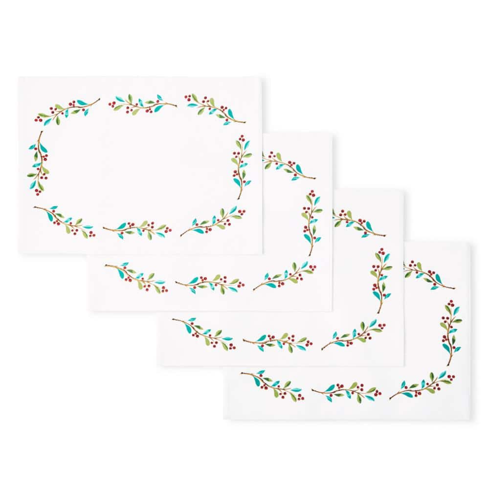 Holly Sprig Holiday Cotton Placemats Set of 4, White/Red/Green