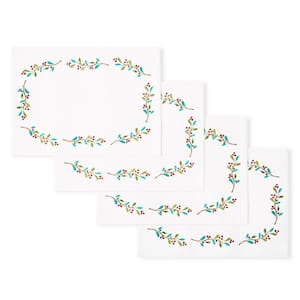 Holly Sprig Holiday Border 13 in. x 18  in. White/Red/Green Placemat Set (4-Pack)