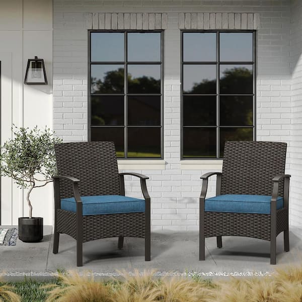 Peacock Blue PE Wicker Outdoor Dining Chair with Front Seat Baffle and Olefin Cushions (2-Pack)