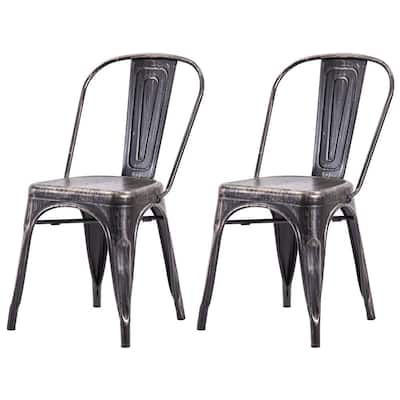 32.3 in. Antique Gold and Black Vintage High Back Stackable Metal Dining Chair (Set of 2)