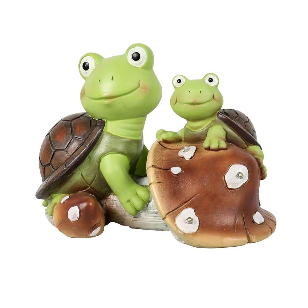 12.6 in. Brown-Green Solar Resin LED Frog Face Turtle Sculpture Indoor Gard
