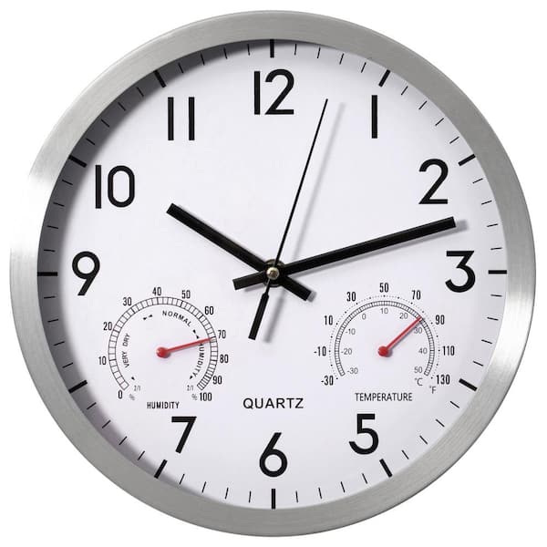 CLOCKWISE 10 in. Non-Ticking Silver Wall Clock with Thermometer, Hygrometer Battery Operated Aluminum Analog Temperature, Humidity