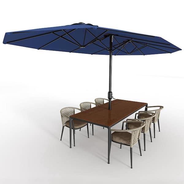 15 ft. Rectangular Outdoor Double-Sided Market Patio Umbrella with Crank Lift & Base in Navy Blue