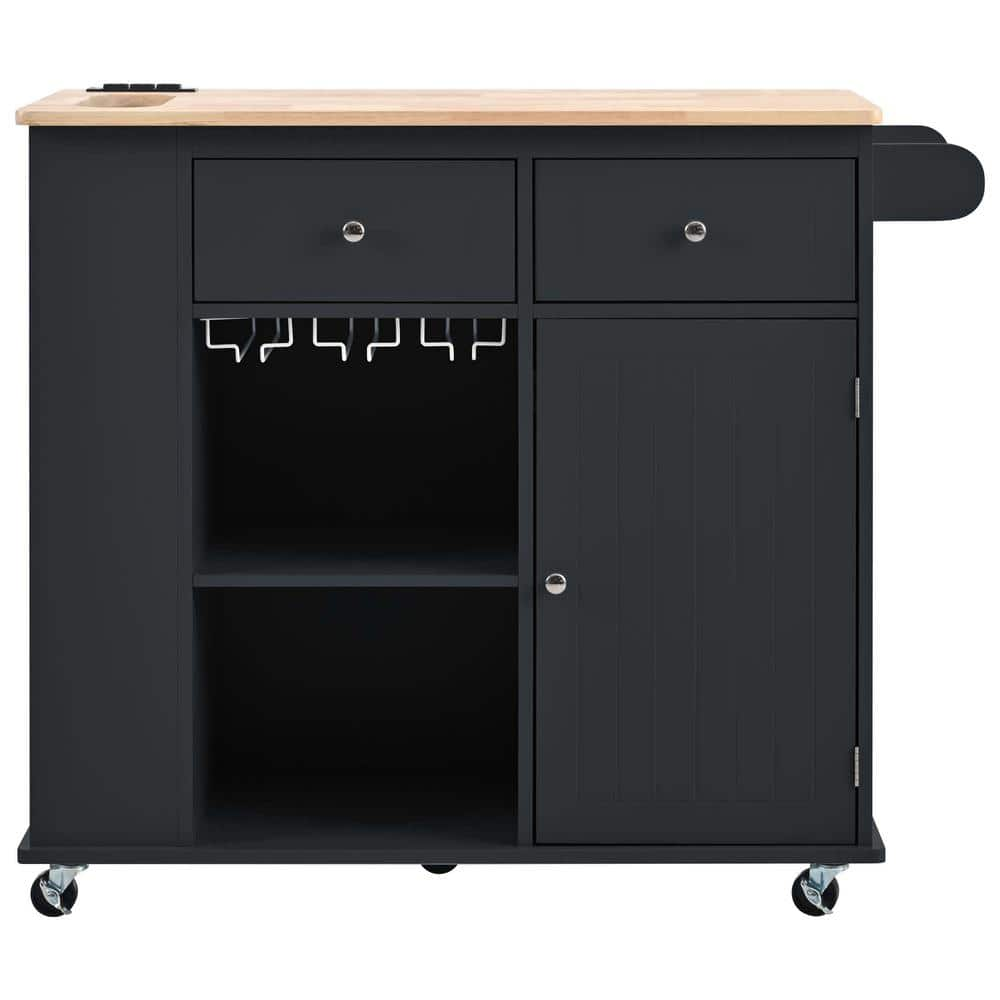 Black Wood 40 in. Kitchen Island with Power Outlet, Rubber Wood Top ...