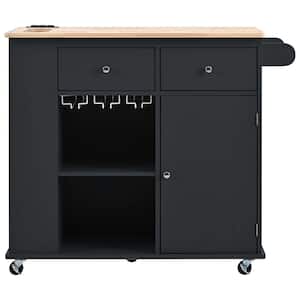 Black Wood 40 in. Kitchen Island with Power Outlet, Rubber Wood Top, Adjustable Storage Shelves, 5-Wheels