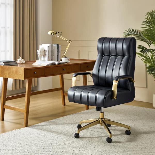 JAYDEN CREATION Costante Navy Mid-Century Modern Leather Ergonomic Executive Office Chair with Metal Feet