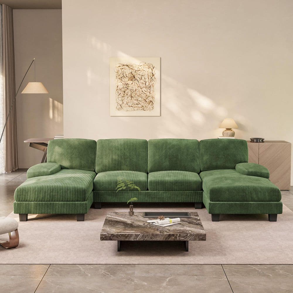 Sectional Couches 105.9" in Square Arm U Shaped Couch with Corduroy, Modern Sofa with Double Chaise for Linving Room