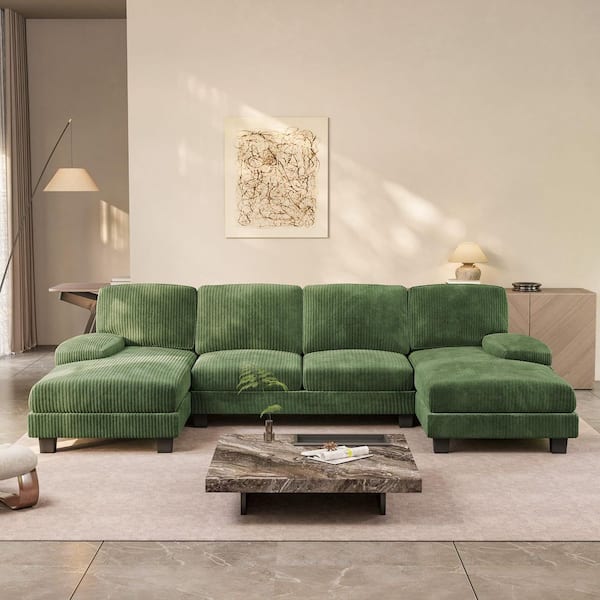 Sectional Couches 105.9 in. Square Arm U-Shaped Couch with Corduroy, Modern Sofa with Double Chaise for Living Room