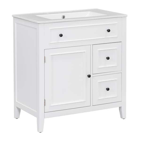 Unbranded 30 in. W x 18.3 in. D x 32.5 in. H Freestanding Bath Vanity in White with White Ceramic Top, Door and Two Drawers