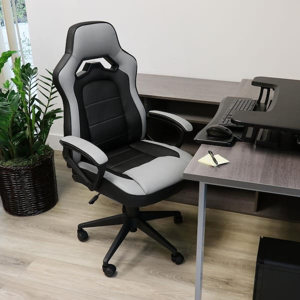 Elama High Back Faux Leather Adjustable Height Office Chair in Gray and Black with Arms