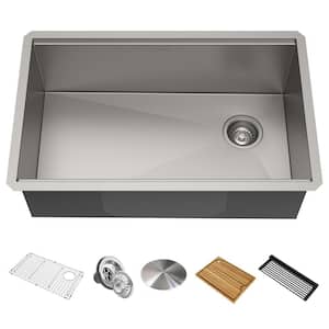 Kore Workstation Undermount Stainless Steel 32 in. Single Bowl Kitchen Sink w/ Integrated Ledge and Accessories