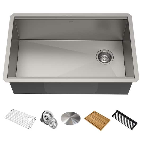 KRAUS Kore Workstation Undermount Stainless Steel 32 in. Single Bowl Kitchen Sink w/ Integrated Ledge and Accessories