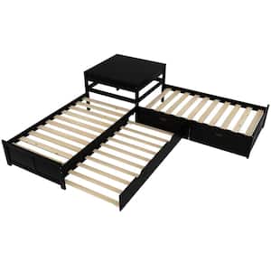 Modern Espresso Twin Size L-shaped Platform Bed with Trundle and Drawers Linked with Built-in Desk