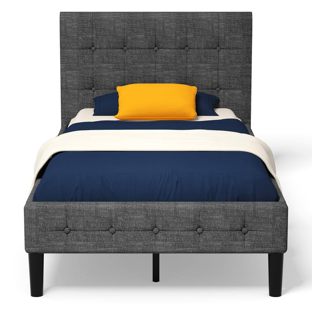 Modern Twin Upholstered Bed Frame with Nailhead Trim and Metal Headboard