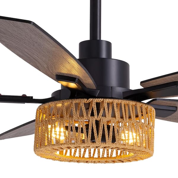 52 in. Indoor LED Bohemian Weaving Caged Ceiling Fan with Light Kit, 5 Blades and Remote Control Included