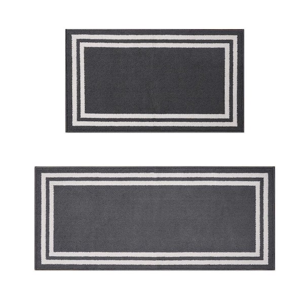 Debbie Double Border 2-Tone Dark Grey/Ivory 2 ft. x 5 ft. Border Polypropylene 2-Piece Rug Set