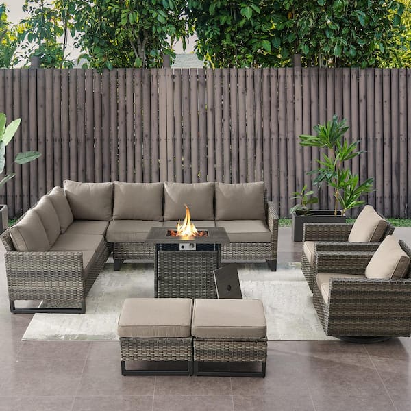 Gymojoy Valenta Gray 7-Piece Wicker Patio Fire Pit Sectional Seating Set with Gray Cushions