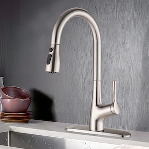 Single-Handle Pull Down Sprayer Kitchen Faucet with Deckplate Included and 3 Modes in Brushed Nickel