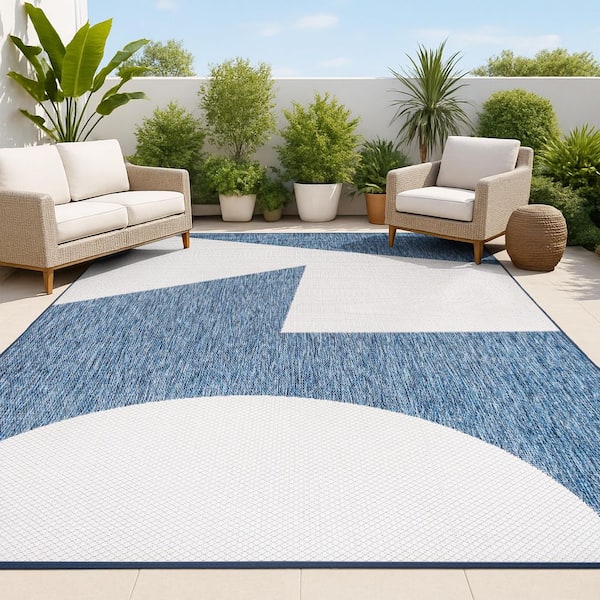 Lucian Modern Geometric Abstract 2-Tone Navy/Cream 8 ft. x 10 ft. Indoor/Outdoor Area Rug