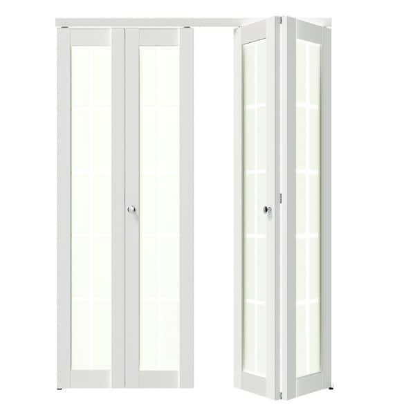 TENONER 60 in. x 80 in. Frosted Glass, Solid Core, White, 10-Lite, MDF Wood, PVC Covering Bi-Fold Doors with Hardware Kits