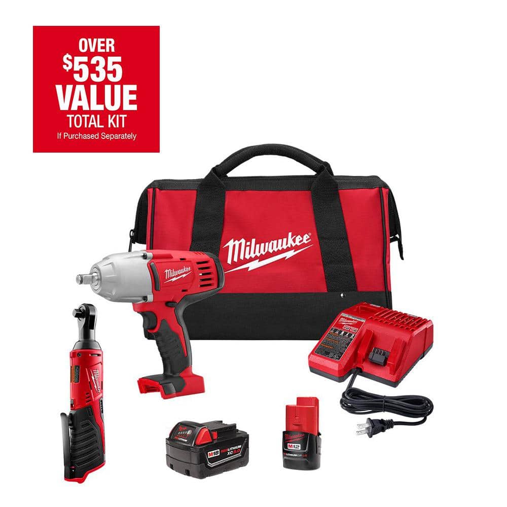 Milwaukee M18/M12 12/18V Lithium-Ion Cordless 3/8 in. Ratchet and 1/2 in. Impact Wrench with Friction Ring Combo Kit -  2663-22RH