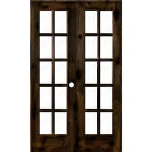 48 in. x 80 in. Knotty Alder Left-Handed 10-Lite Clear Glass Black Stain Wood Double Prehung French Door