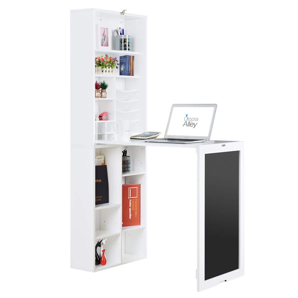 Murphy White Laminated MDF Fold-Down Wall Desk with Chalkboard and Storage