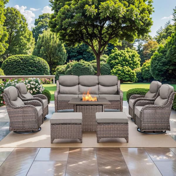 NovaSwivel 8-Piece Brown Wicker Patio Conversation Set Outdoor Fire Pit Set. Swivel Rocking Chairs with Gray Cushions