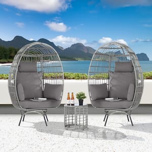 3-Piece Patio Wicker Swivel Lounge Outdoor Bistro Set with Side Table, Gray Cushions